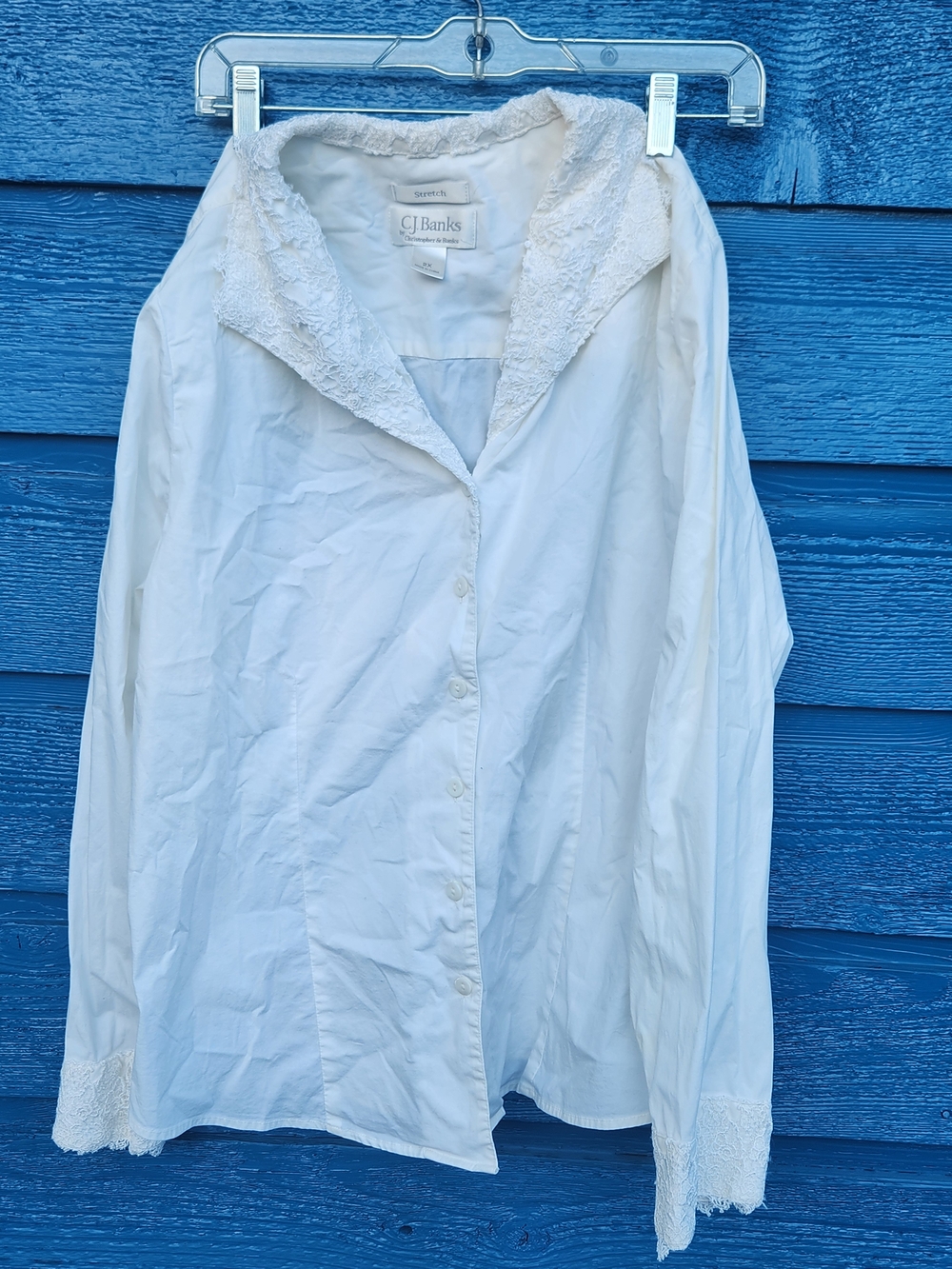C.J. Banks White Button-Down Blouse with Lace Trim